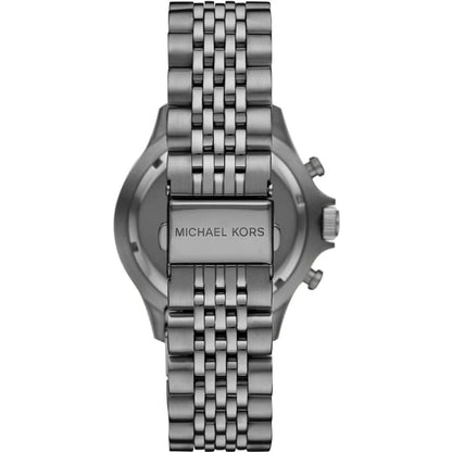 Michael Kors Bayville watch caseback showing stainless steel with engraved branding