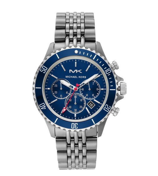 Michael Kors Bayville chronograph watch with blue dial and stainless steel bracelet