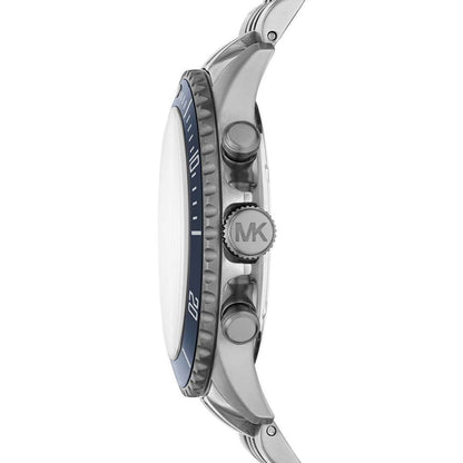 Side profile of Michael Kors Bayville watch showing blue bezel and stainless steel case