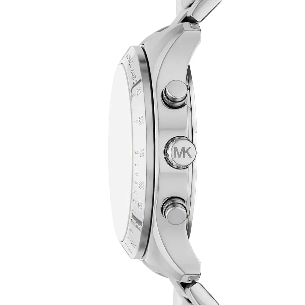 Michael Kors Berkley watch side view showing chronograph pushers and MK logo on case
