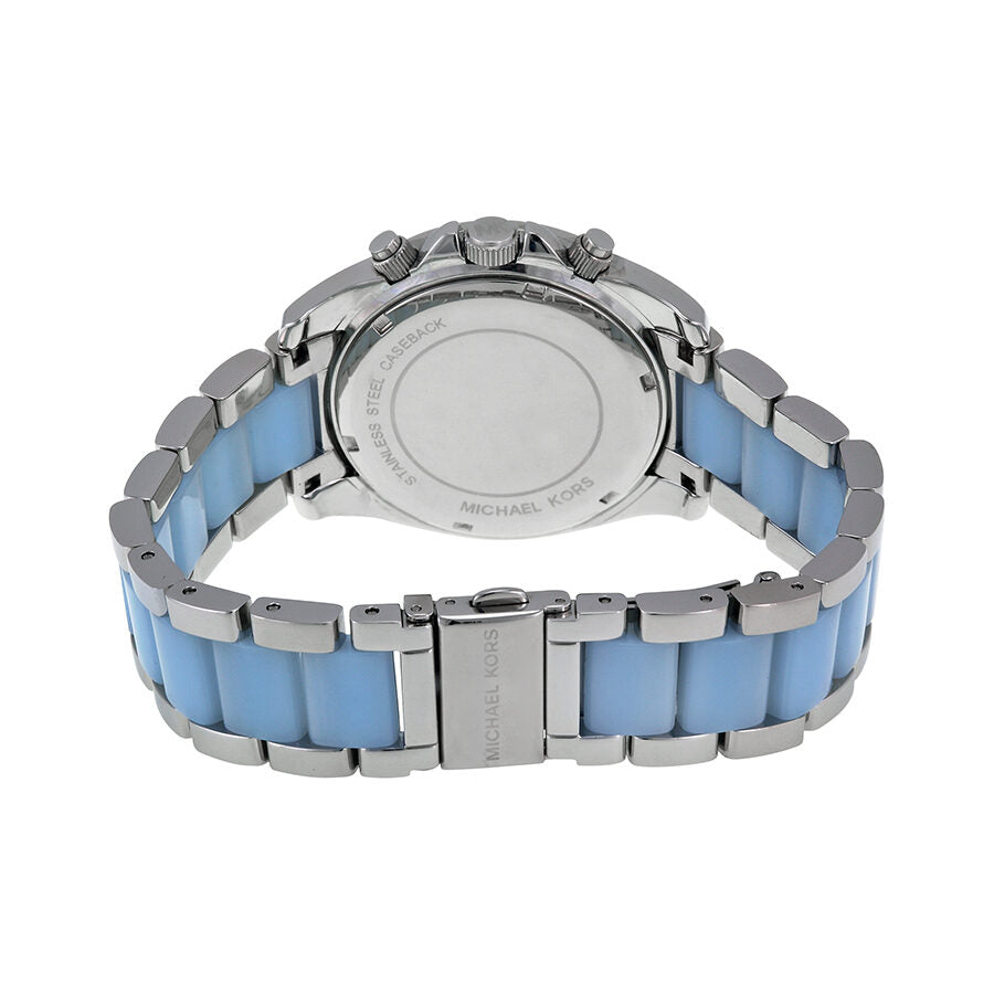 Michael Kors Blair watch caseback showing stainless steel and chambray acetate band detail