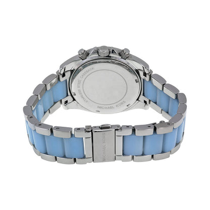 Michael Kors Blair watch caseback showing stainless steel and chambray acetate band detail