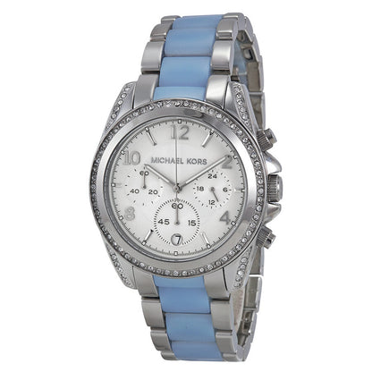 Michael Kors Blair chronograph watch with silver dial and chambray blue strap