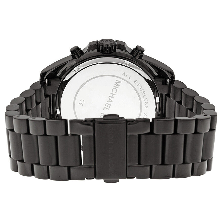 Michael Kors Bradshaw watch back showing stainless steel caseback and black metal bracelet