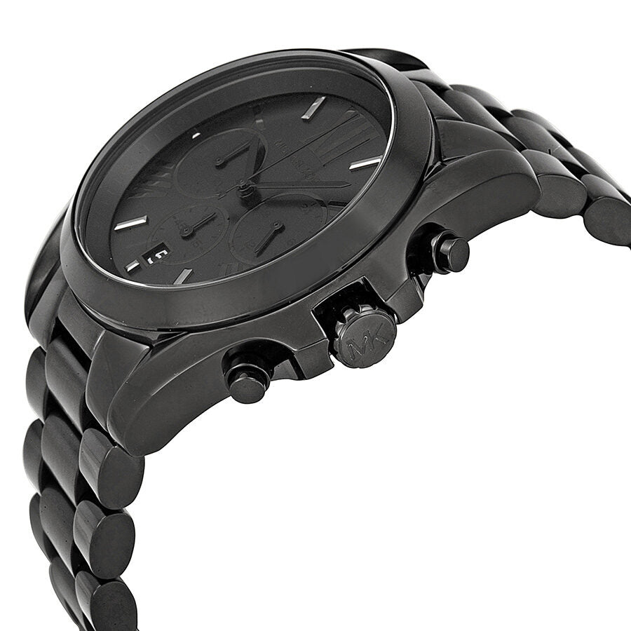 Michael Kors Bradshaw watch side view showing black case, dial, and chronograph pushers