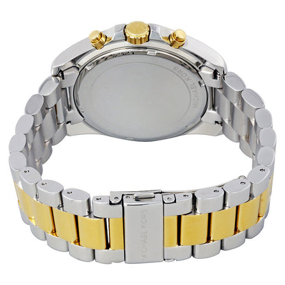 Rear caseback view of Michael Kors Bradshaw watch with two-tone bracelet and gold pushers