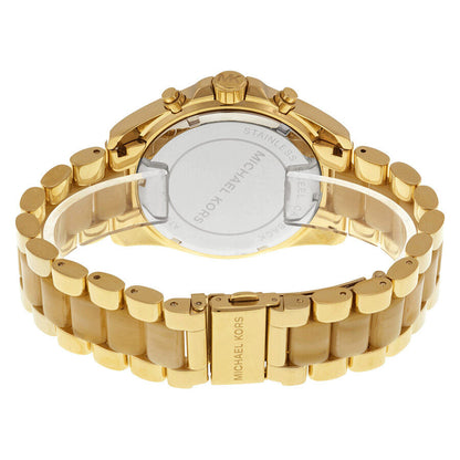 Back view of Michael Kors Bradshaw watch showing stainless steel caseback and bracelet clasp