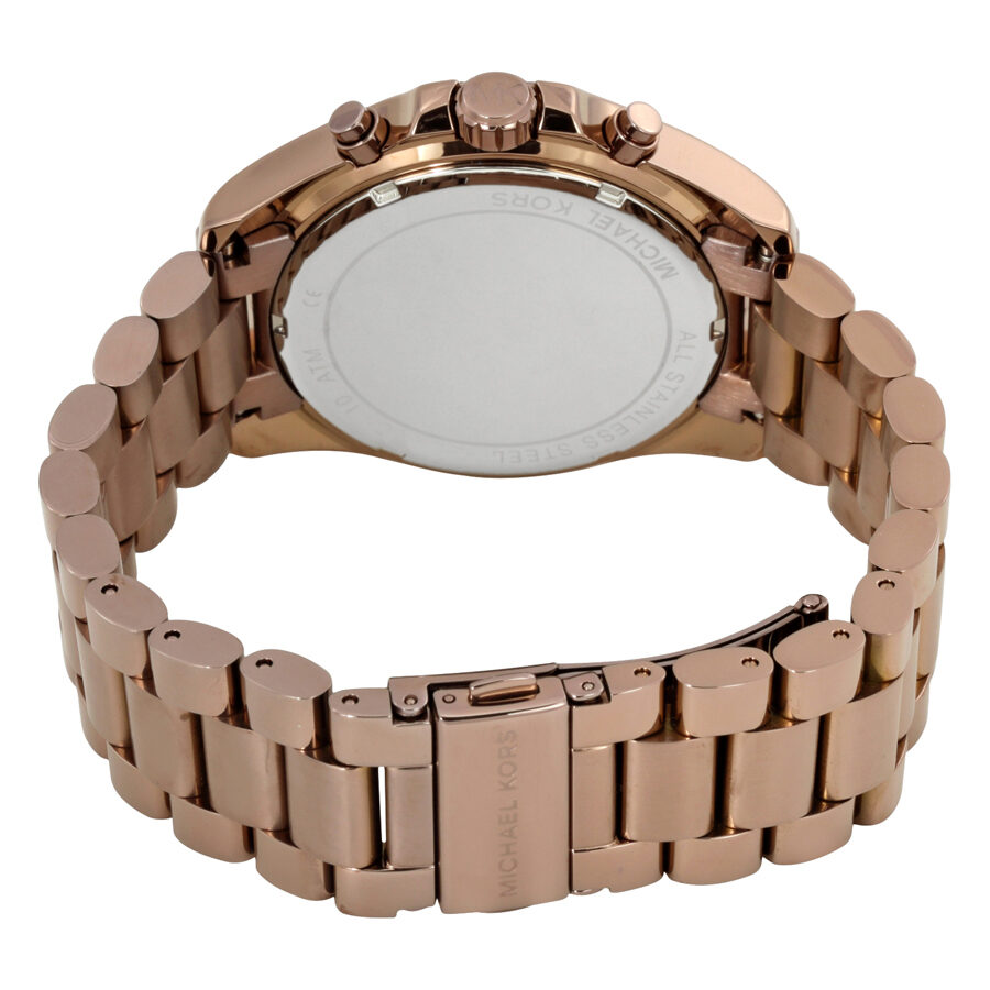 Michael Kors Bradshaw MK6247 watch shown from rear displaying caseback and link bracelet