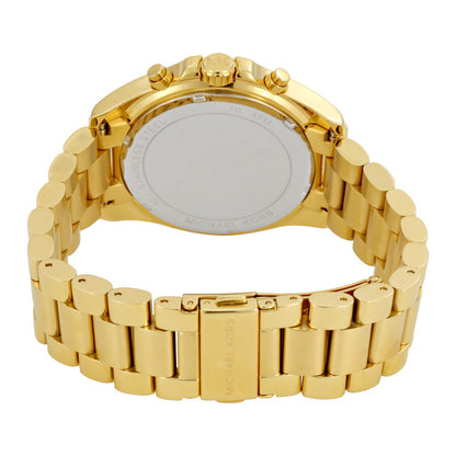 Caseback view of Michael Kors Bradshaw watch showing gold-tone case and bracelet fastening