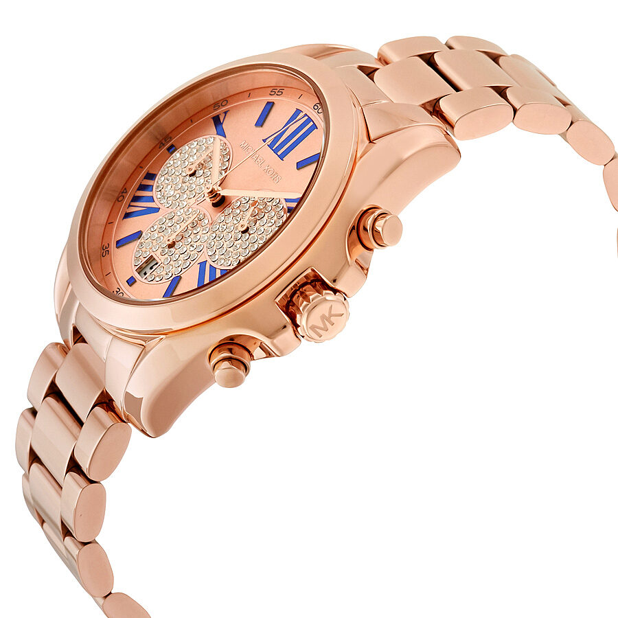 Michael Kors Bradshaw chronograph watch angled view showing rose gold case and bracelet
