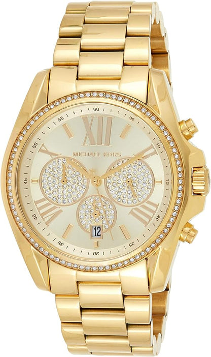 Michael Kors Bradshaw gold chronograph watch with pavé subdials and crystal-set bezel on matching bracelet