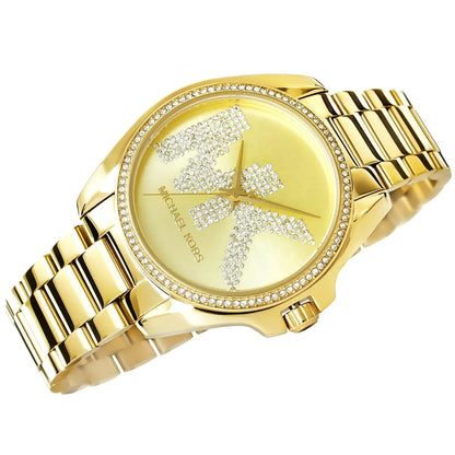 Angled view of Michael Kors Bradshaw watch displaying crystal bezel and gold-tone metal bracelet