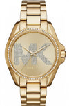Michael Kors Bradshaw women's watch with gold-tone case, crystal bezel, and champagne dial with crystal MK logo