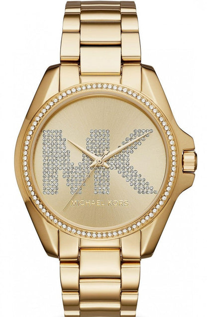 Michael Kors Bradshaw women's watch with gold-tone case, crystal bezel, and champagne dial with crystal MK logo