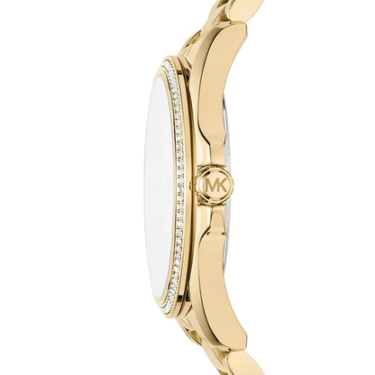 Side view of Michael Kors Bradshaw watch showing gold-tone case, crystal-set bezel, and metal bracelet