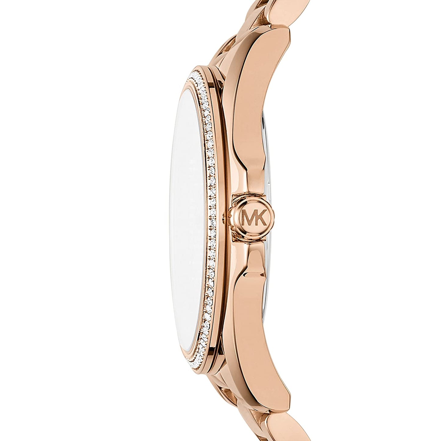 Michael Kors Bradshaw rose gold-tone watch side profile showing case thickness and crystal bezel