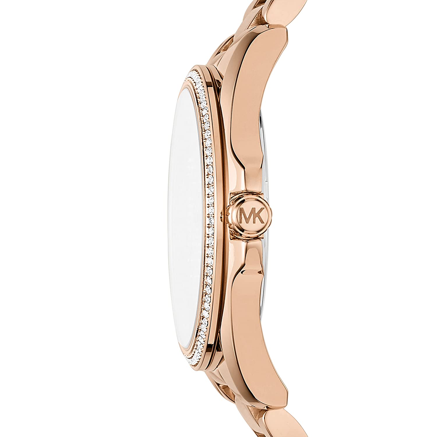 Michael Kors Bradshaw rose gold-tone watch side profile showing case thickness and crystal bezel