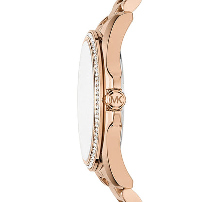 Michael Kors Bradshaw rose gold-tone watch side profile showing case thickness and crystal bezel