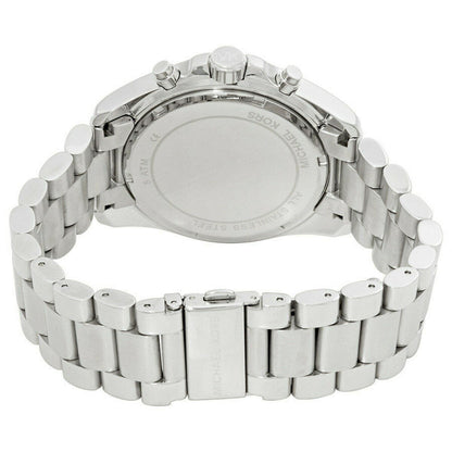 Caseback of Michael Kors Bradshaw watch with stainless steel link bracelet and deployment clasp