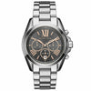 Michael Kors Bradshaw chronograph watch with grey dial, rose gold hands and Roman numerals, silver stainless steel bracelet