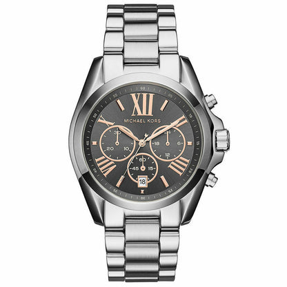 Michael Kors Bradshaw chronograph watch with grey dial, rose gold hands and Roman numerals, silver stainless steel bracelet