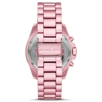Michael Kors Bradshaw watch back view showing pink-tone stainless steel bracelet and case back