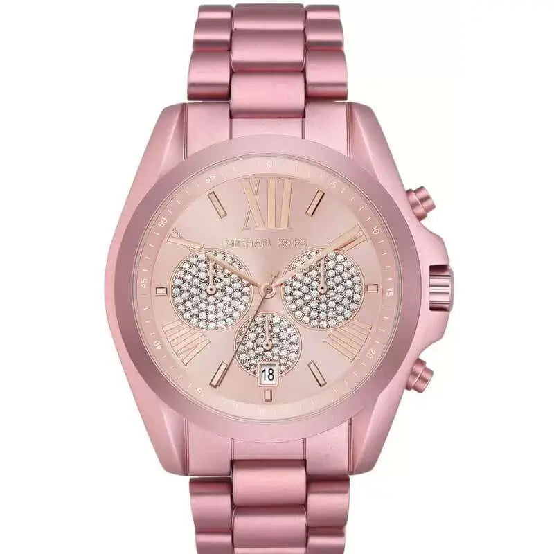 Michael Kors Bradshaw pink-tone chronograph watch with crystal-embellished subdials and Roman numeral dial