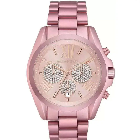 Michael Kors Bradshaw pink-tone chronograph watch with crystal-embellished subdials and Roman numeral dial