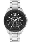Michael Kors Brecken chronograph watch with black dial and silver stainless steel bracelet