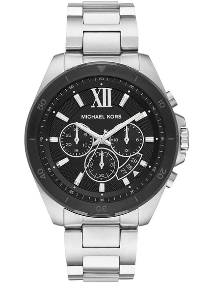 Michael Kors Brecken chronograph watch with black dial and silver stainless steel bracelet