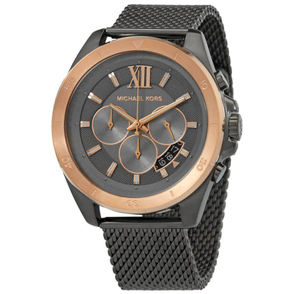 Michael Kors Brecken chronograph watch with grey dial, rose gold bezel, and black mesh strap