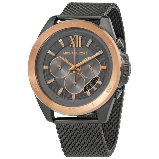 Michael Kors Brecken chronograph watch with grey dial, rose gold bezel, and black mesh strap