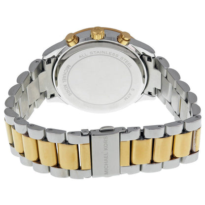 Caseback view of two-tone stainless steel bracelet with Michael Kors branding