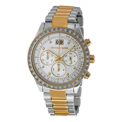 Michael Kors Brinkley chronograph watch with silver dial, two-tone case, and crystal-set bezel