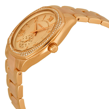 Side angle view of Michael Kors Bryn watch showing rose gold-tone case and acetate strap