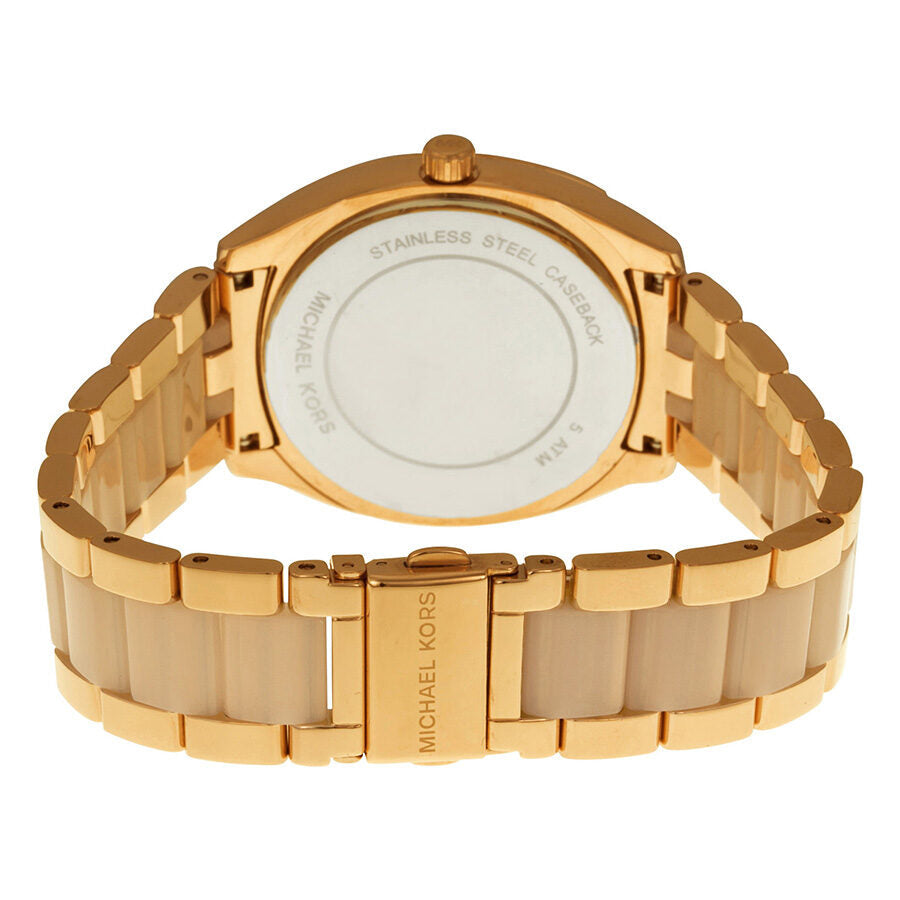 Michael Kors Bryn watch caseback showing stainless steel and acetate band construction