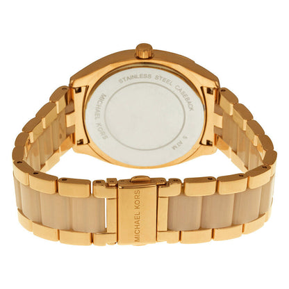 Michael Kors Bryn watch caseback showing stainless steel and acetate band construction