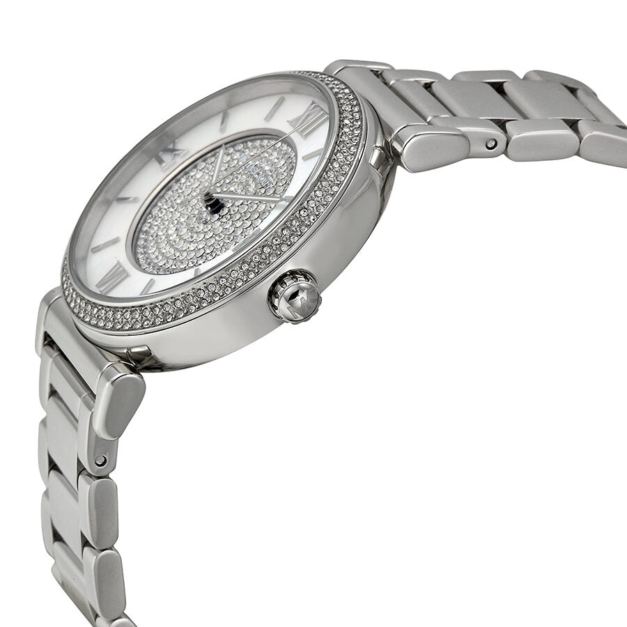 Michael Kors Caitlin MK3355 side angle view showing silver-tone bracelet and crystal bezel