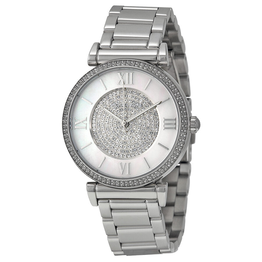 Michael Kors Caitlin MK3355 silver-tone watch with crystal pave dial and crystal-set bezel