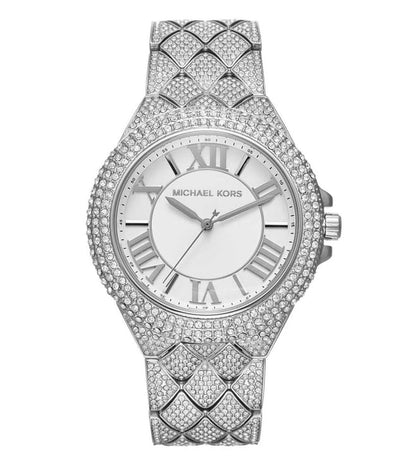 Michael Kors Camille Pavé silver women's watch with white dial and Roman numerals