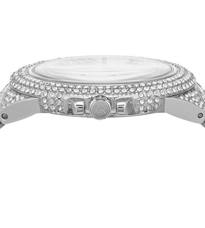 Michael Kors Camille Pavé watch side view showing crystal-set lugs and white dial