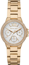 Michael Kors Camille quartz watch with white dial, crystal bezel, and gold-tone bracelet