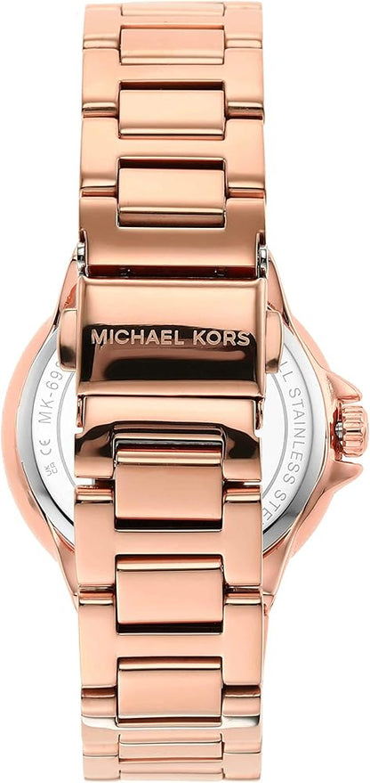 Michael Kors Camille watch caseback showing rose gold bracelet and Michael Kors branding