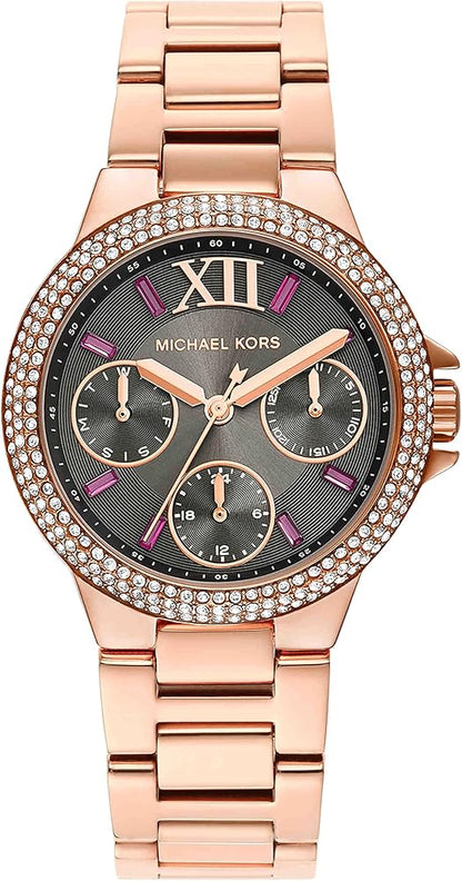 Michael Kors Camille rose gold women's watch with dark grey multifunction dial and crystal bezel