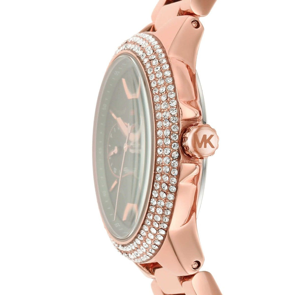 Side profile of Michael Kors Camille watch showing rose gold case and crystal-set bezel