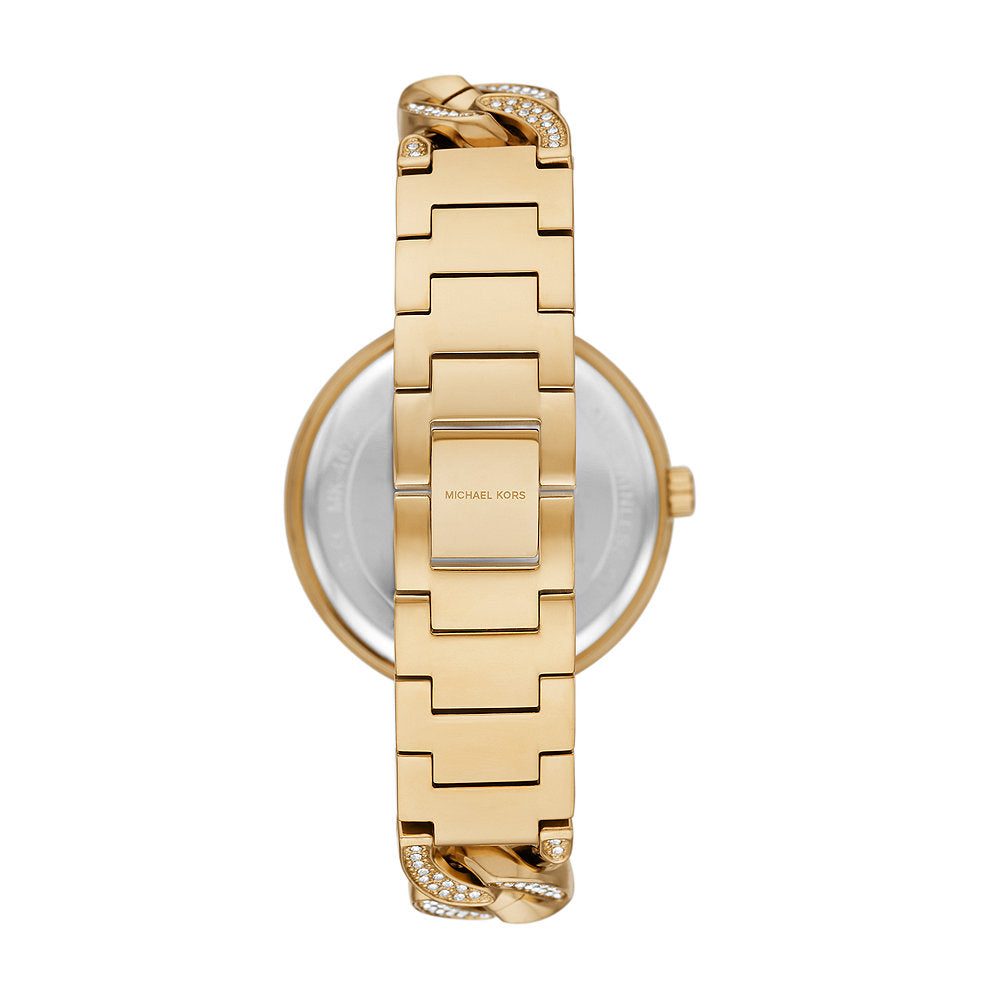 Michael Kors Catelyn MK4674 angled view displaying gold-tone bracelet strap and crystal dial