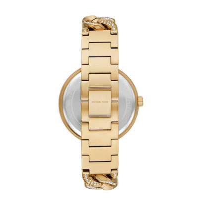 Michael Kors Catelyn MK4674 angled view displaying gold-tone bracelet strap and crystal dial