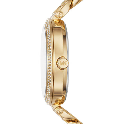 Michael Kors Catelyn MK4674 side view showing crystal-paved bezel and chain-link strap detail