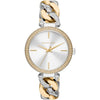 Michael Kors Catelyn watch with crystal bezel, white dial, and two-tone chain link bracelet