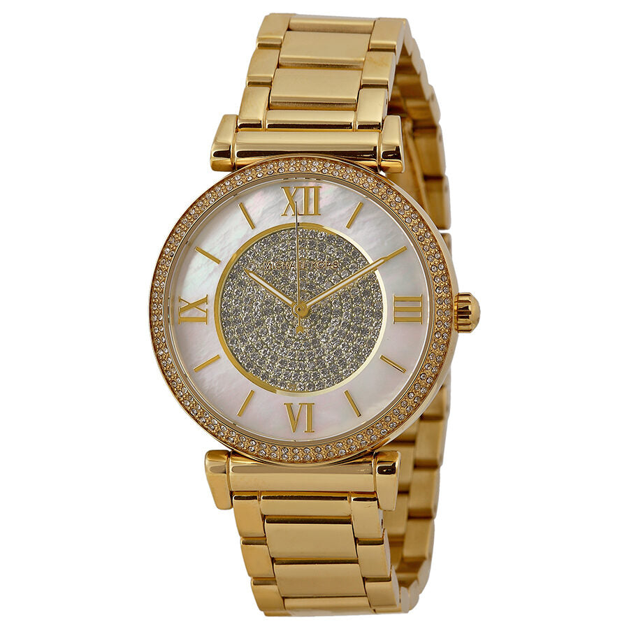 Michael Kors Catlin gold women's watch with mother-of-pearl dial and diamond-studded bezel